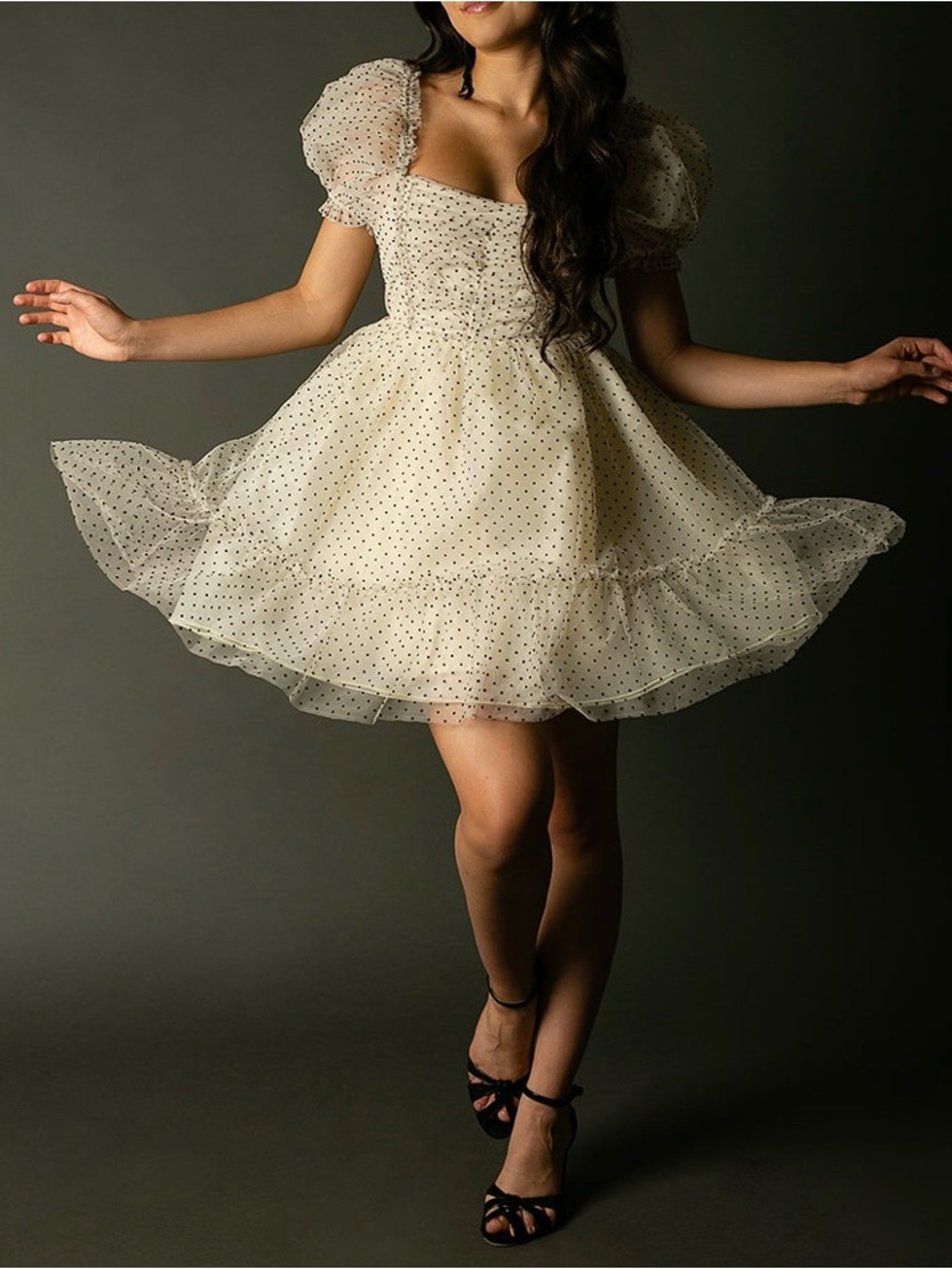 Joyfolie Ivory Dress with Black Polka Dots